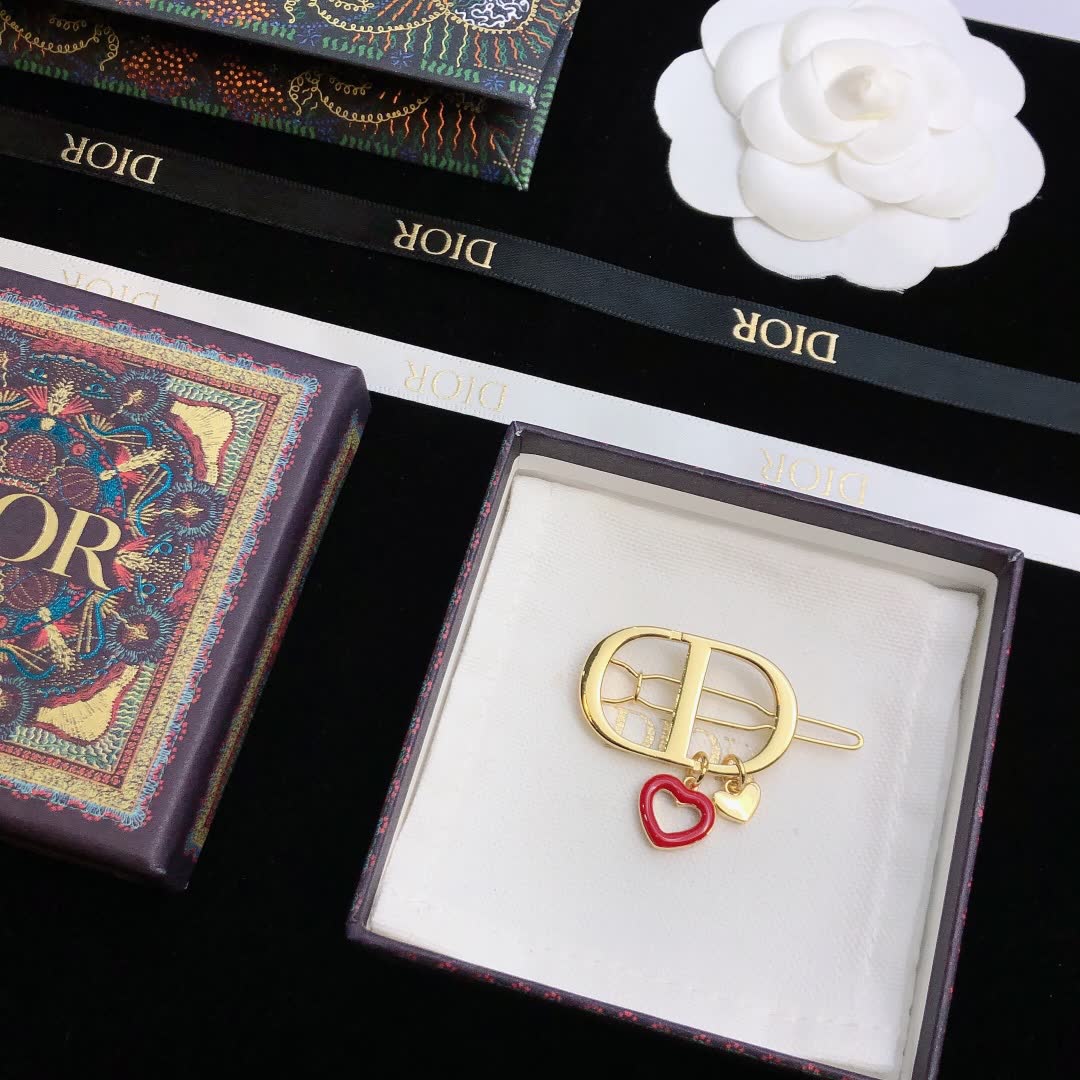 Dior Gold Tone Hair Clip with Red Heart Charm